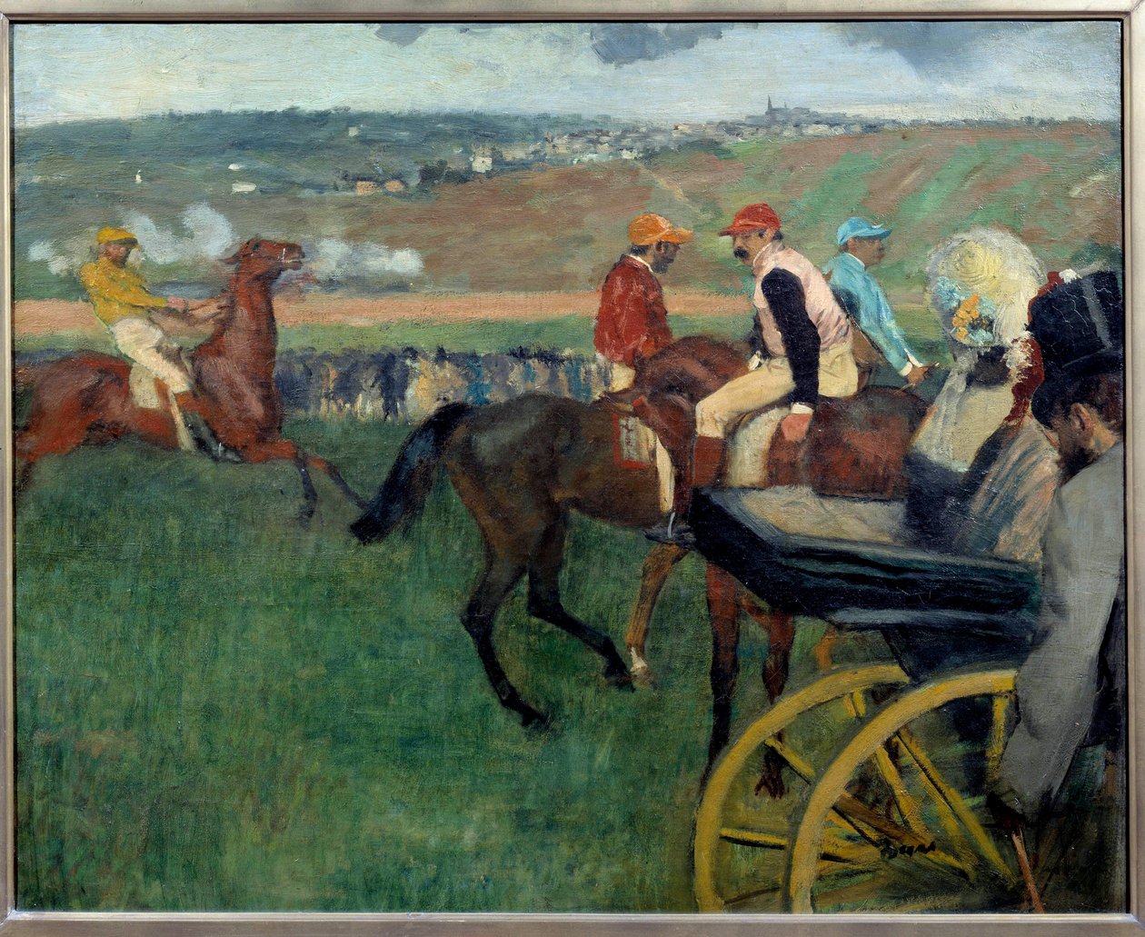 Die Rennbahn, Amateurjockeys in der Nähe eines Autos von Edgar Degas