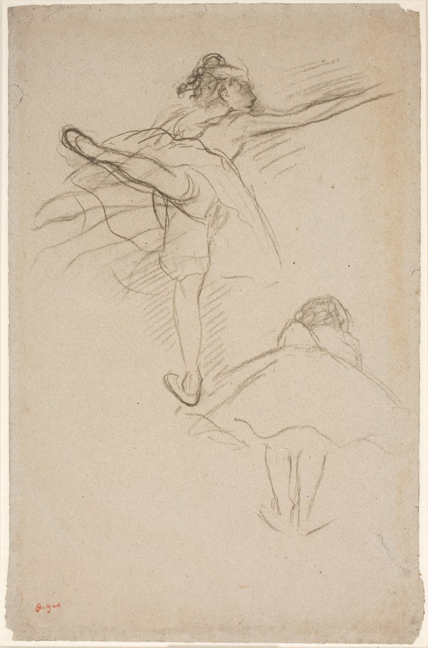 Zwei Studien von Tänzerinnen. Oben Tänzerin auf dem linken Bein stehend; unten nach vorne gebeugte Tänzerin von hinten gesehen von Edgar Degas