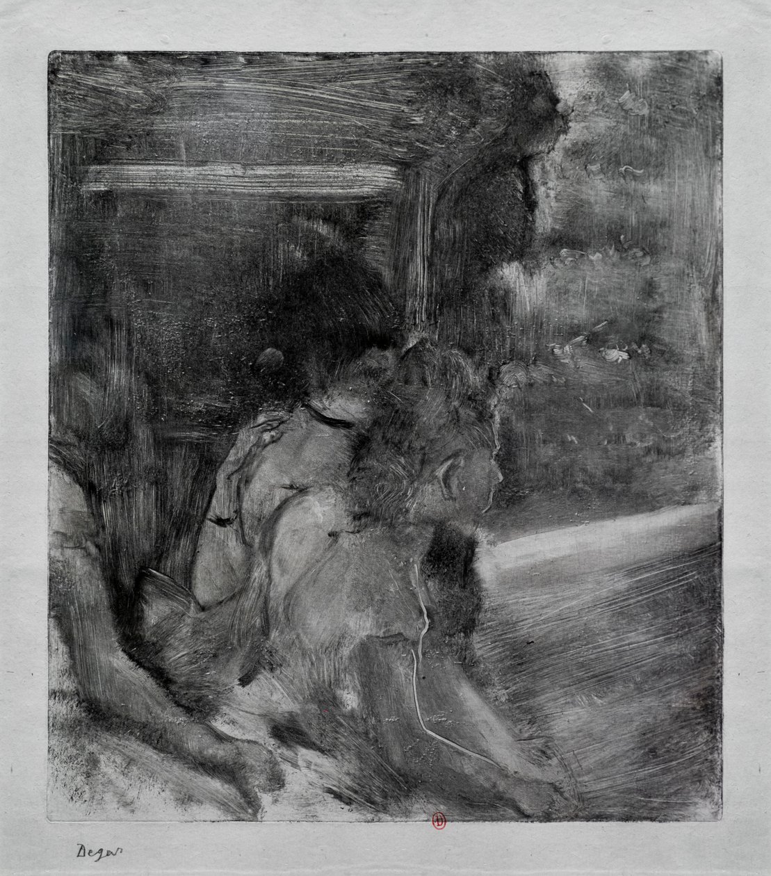 Zum Theater. Um 1878. Monotypie mit schwarzer Tinte aus China von Edgar Degas