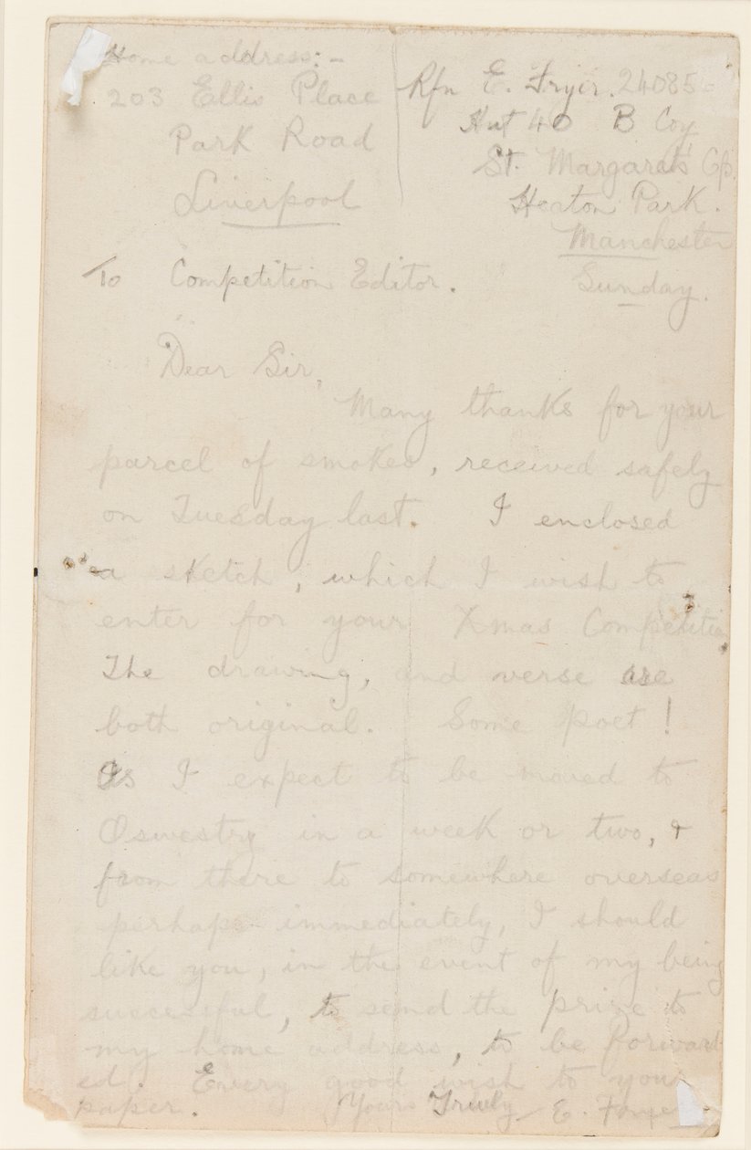 Brief an einen Zeitungswettbewerbsredakteur, 1914-18 von Edgar Fryer