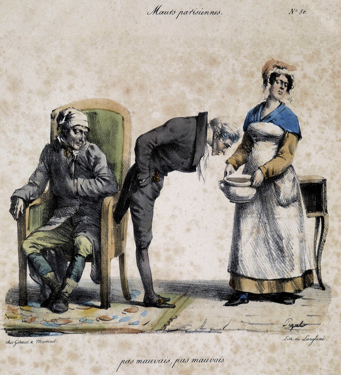 Kranker, Arzt schaut in den Topf und Diener. Karikatur der Pariser Sitten von Pigal (19. Jahrhundert), aufbewahrt im Musée Dobree in Nantes. von Edme Jean (after) Pigal