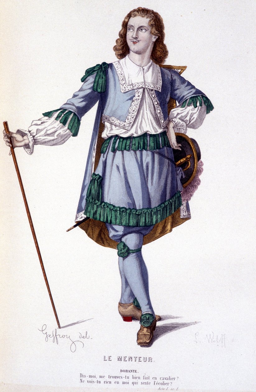 Die Figur des Dorante in der Komödie Le Menteur - Vollständiges Theater: (Sammlung von Stücken von Corneille) Zeichnung von Geffroy, Gravur von L. Wolff - ed. Laplace, Sanchez et Cie, Paris 1884 von Edmond Aime Florentin Geffroy