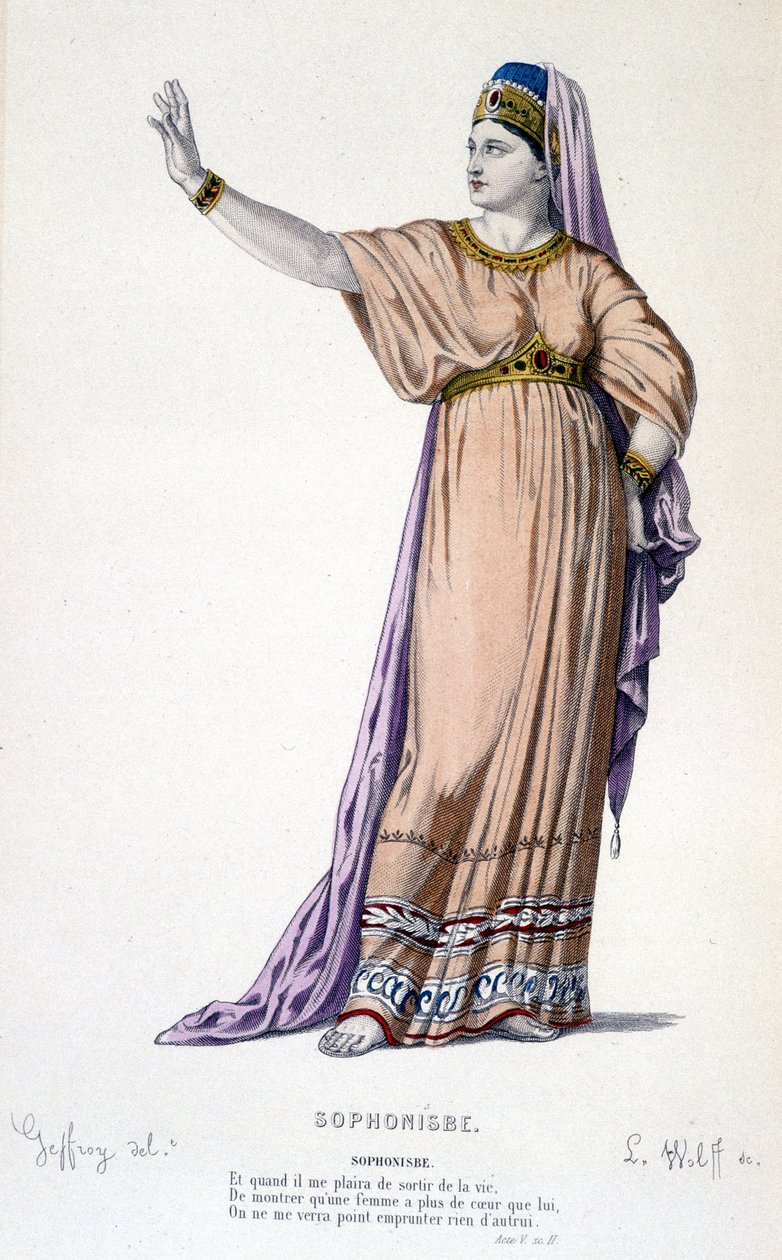 Die Figur der Sophonisbe in der Tragödie Sophonisbe - Vollständiges Theater: (Sammlung von Stücken von Corneille) Zeichnung von Geffroy, Gravur von L. Wolff - Hrsg. Laplace, Sanchez et Cie, Paris 1884 von Edmond Aime Florentin Geffroy