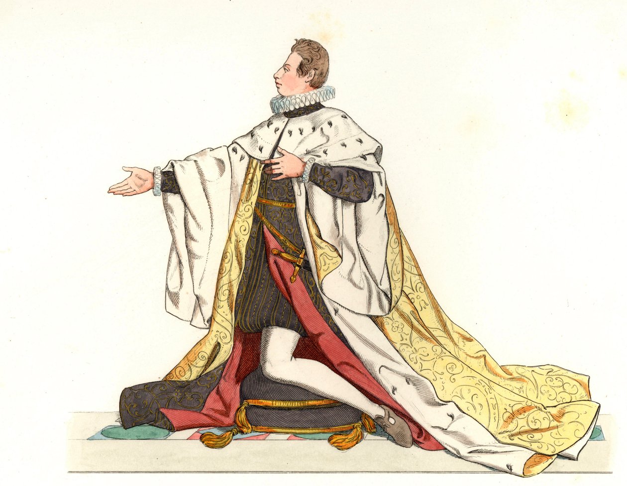 Cosme II de Medicis (1590-1621), Großherzog der Toskana (Italien) - Lithographie basierend auf einer Illustration von Edmond Lechevallier-Chevignard (1825-1902), aus „Historische Kostüme des 16. von Edmond Lechevallier Chevignard