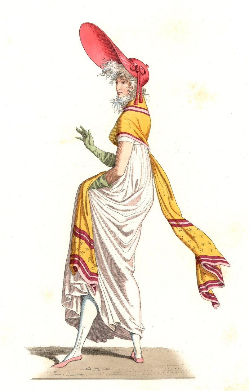 Junge Französin in der Mode der Wunderbaren des 18. Jahrhunderts, nach einem Gemälde von Carle Vernet (1758-1836) - Lithographie nach einer Illustration von Edmond Lechevallier-Chevignard (1825-1902), aus „Costumes historiques des 16th“ von Edmond Lechevallier Chevignard