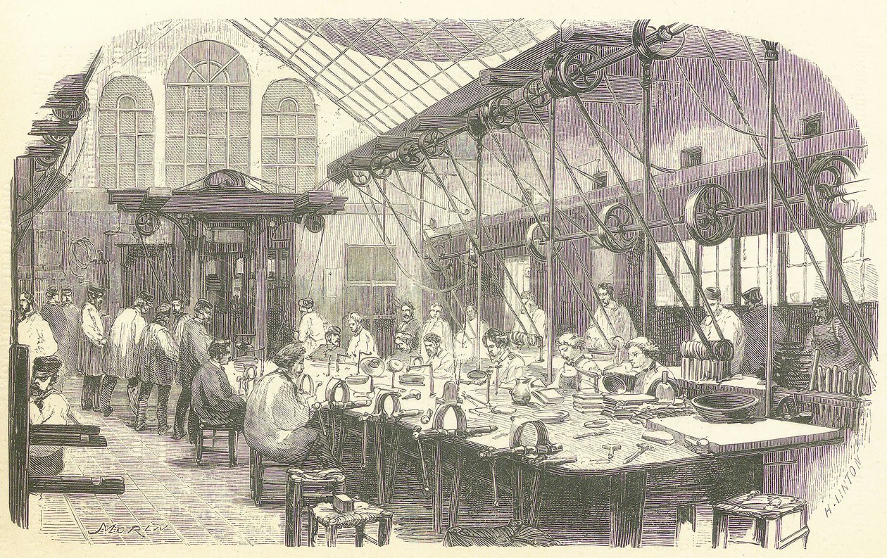 Silberschmiede bei der Arbeit in der Christophle-Besteckfabrik in Paris, veröffentlicht 1875 (Gravur) von Edmond Morin
