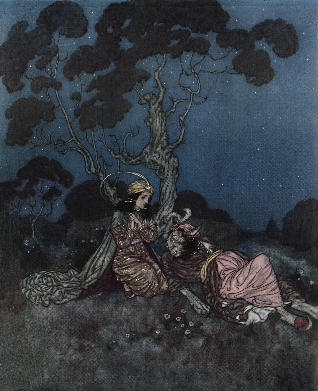 Die Schöne und das Biest: Die Schöne erschreckt sich vor dem Biest, ca. 1910 von Edmund Dulac