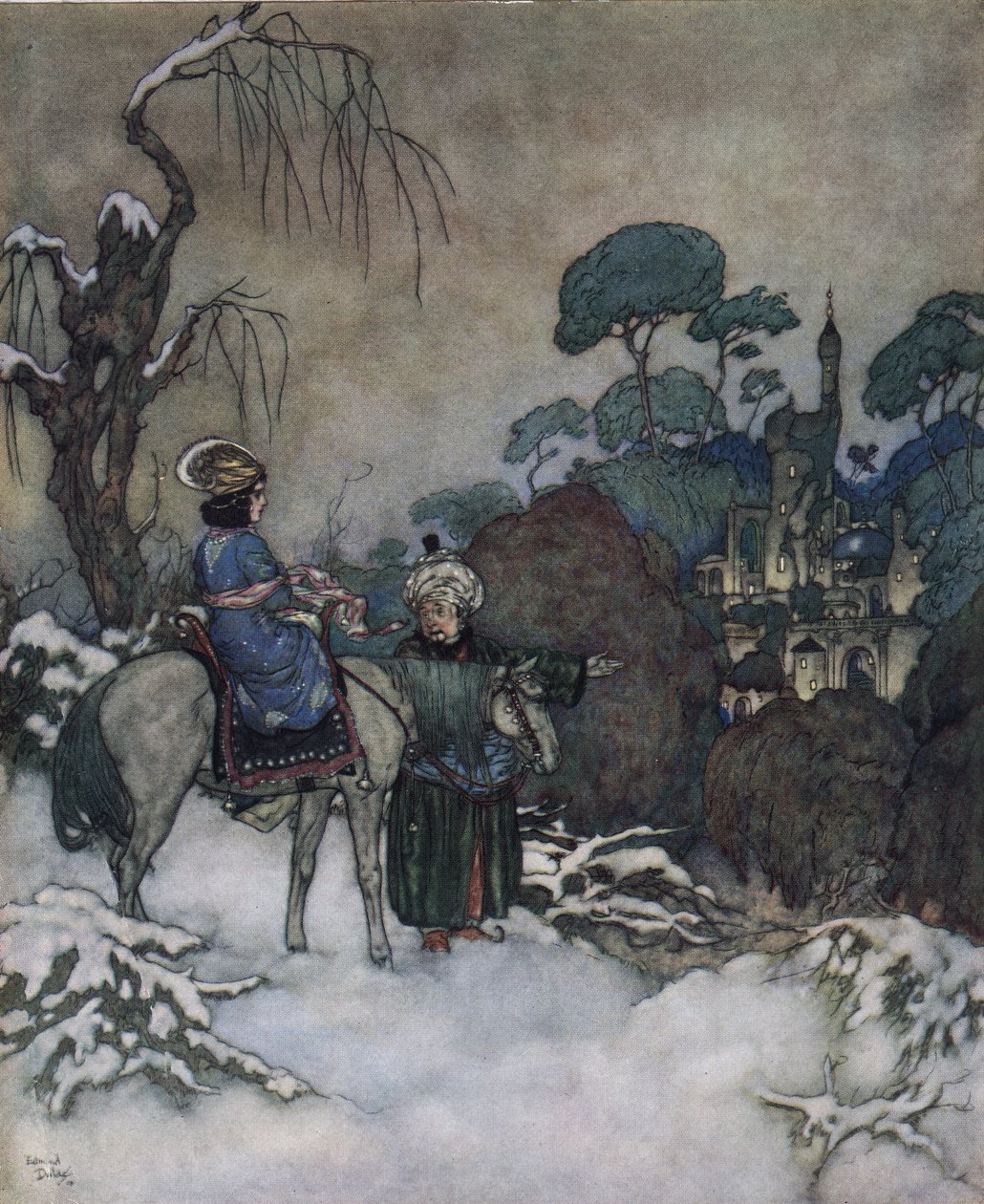 Die Schöne und das Biest: die Belle, die zugestimmt hat, den Platz ihres Vaters als Gefangene des Biests einzunehmen, um ihn zu befreien, geht auf das Schloss zu, ca. 1910 von Edmund Dulac