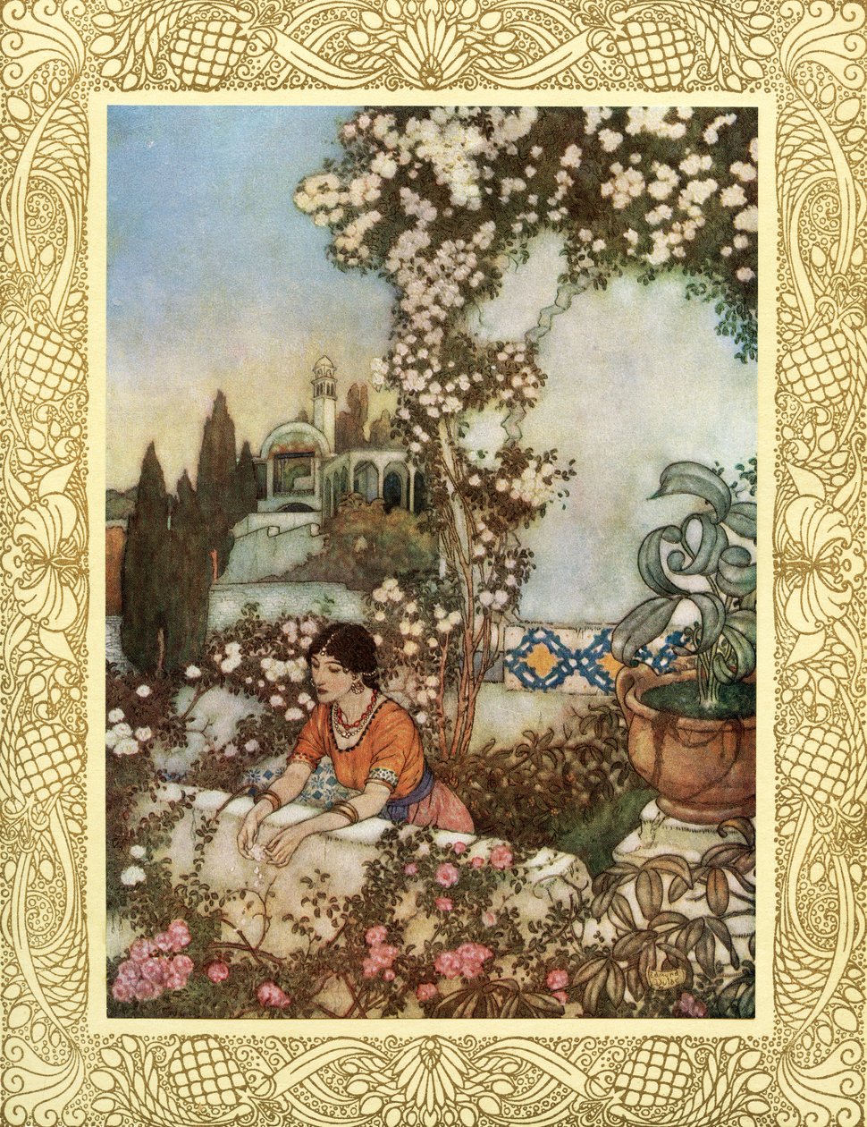 Schau auf die blühende Rose um uns herum - "Sieh, lachend," sagt sie, "in die Welt blase ich: Sofort den seidigen Quasten meiner Börse zerreißen und ihren Schatz in den Garten werfen, Illustration aus 
