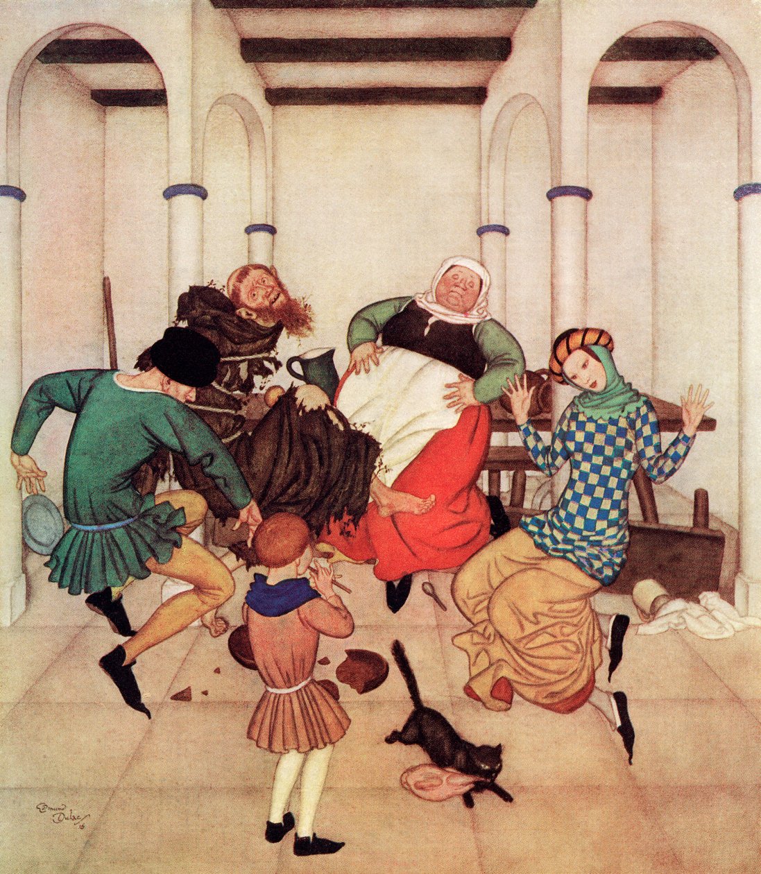 „Der Mönch, fest an den Pfahl gebunden, wand sich und zappelte, zeigte deutlich, dass er es tun würde, wenn er könnte“, Illustration aus dem englischen Märchen Der Mönch und der Junge, aus Edmund Dulacs Märchenbuch: Märchen der Alliierten Nationen, veröffe von Edmund Dulac