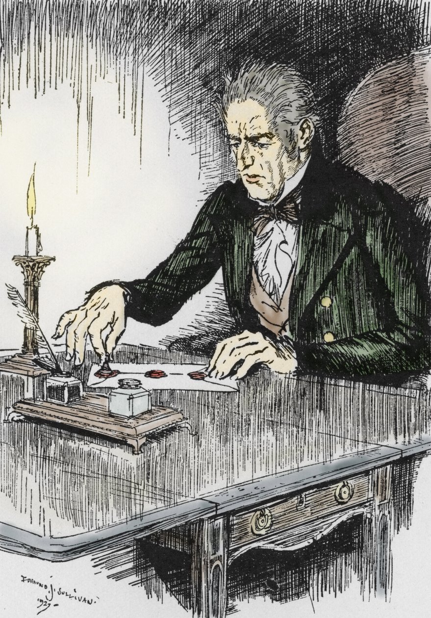 Dr. Jekyll schließt den Brief, in dem er gesteht, Mr. Hyde der Mörder zu sein, Illustration von Edmund Joseph Sullivan (1869-1933) für den Roman „Der seltsame Fall des Dr. Jekyll und Mr. Hyde“ von Robert Louis Stevenson (1850-1894) 1927 von Edmund Joseph Sullivan
