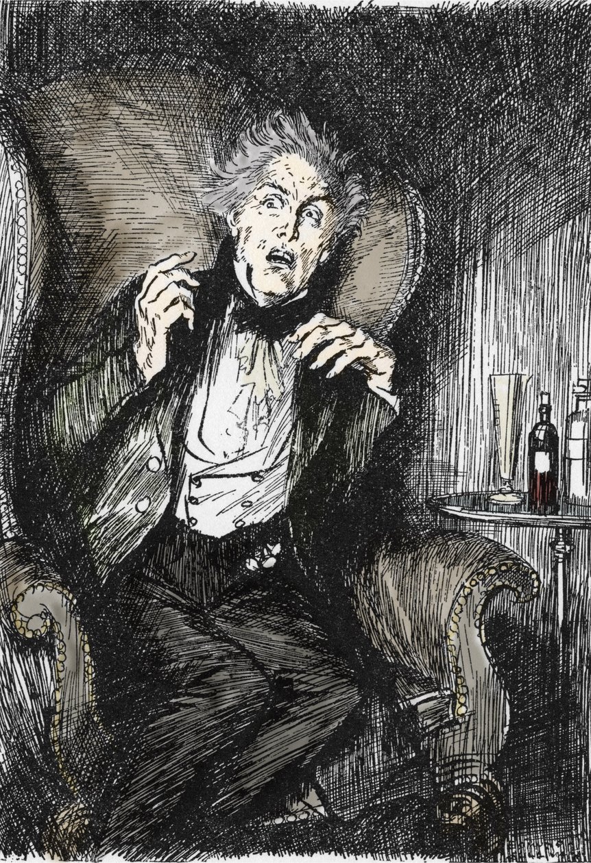 Dr. Jekyll in Schrecken während seines Gesprächs mit Utterson und Enfield, Illustration von Edmund Joseph Sullivan (1869-1933) für den Roman „Der seltsame Fall des Dr. Jekyll und Mr. Hyde“ von Robert Louis Stevenson (1850-1894) 1927 von Edmund Joseph Sullivan
