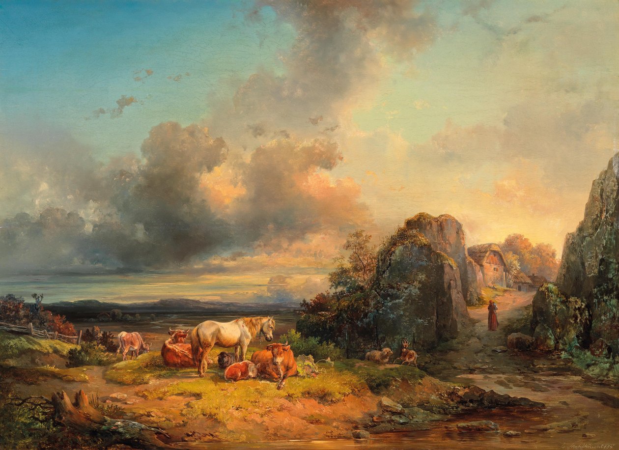 Tierherde und figürliche Staffage vor einer weiten Landschaft von Edmund Mahlknecht