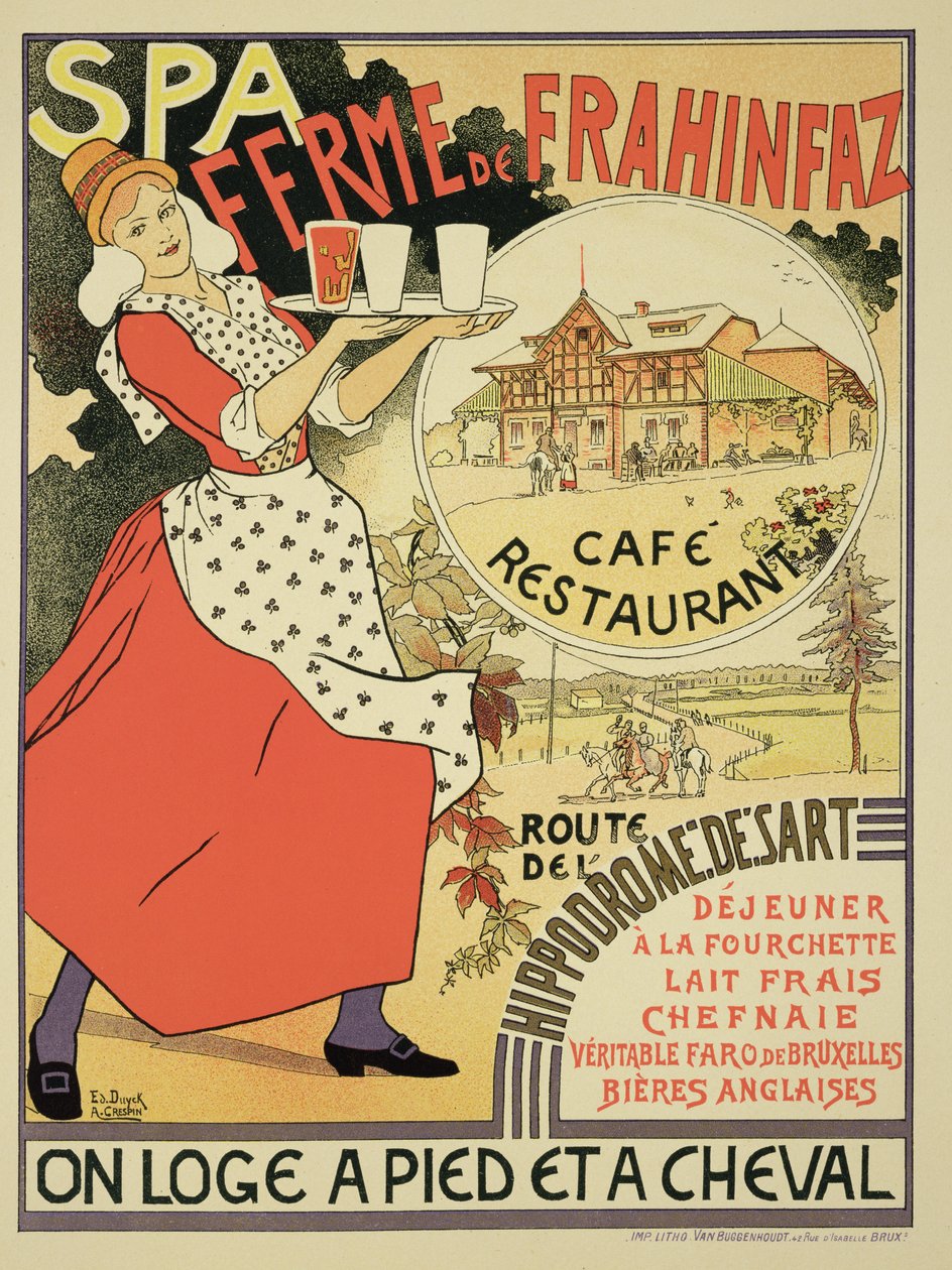 Plakatwerbung für die Ferme de Frahinfaz, ein Café und Restaurant in der Nähe von Spa, Belgien, 1896 von Adolphe Louis Charles Crespin