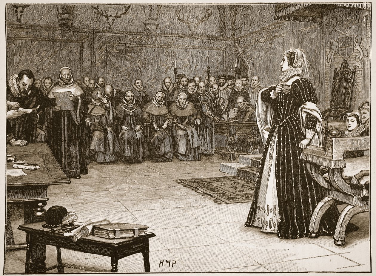 Prozess gegen Maria Stuart in Schloss Fotheringhay, Illustration aus 