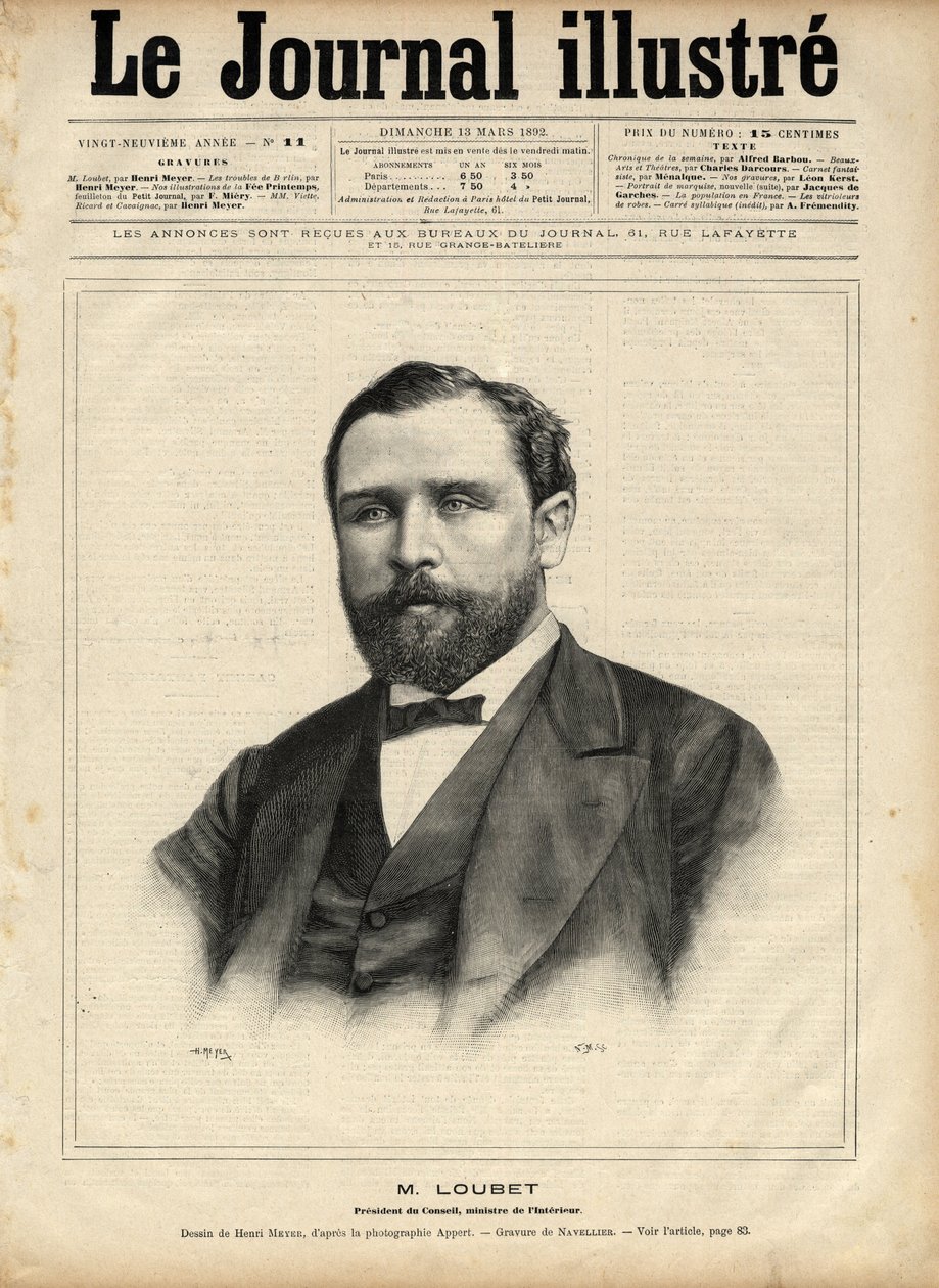Emile Loubet (1836-1929) im Jahr 1892 (Präsident des Rates - Innenminister) - Gravur von Navellier in „The Illustrous Journal“ von 1892 von Edouard Felicien Eugene Navellier