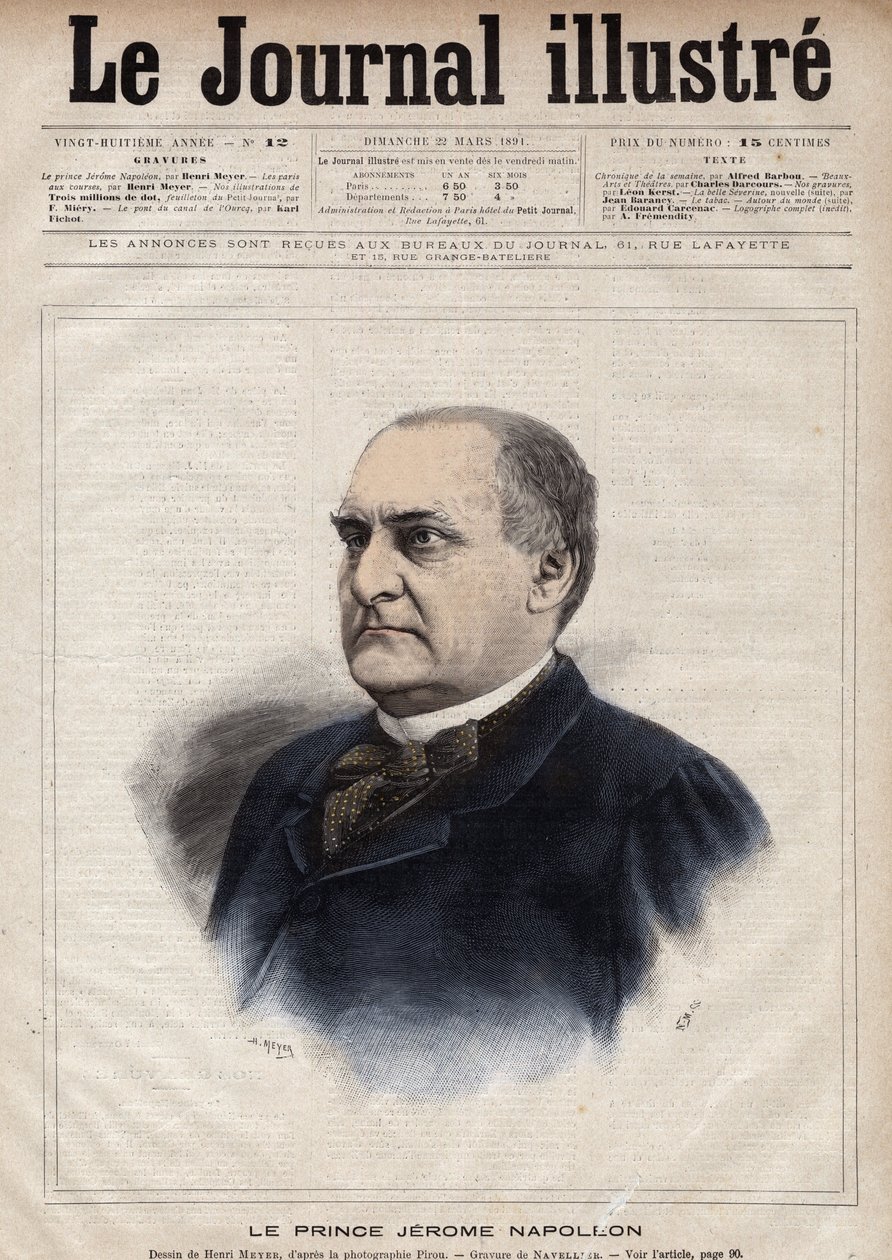Jerome Bonaparte genannt Plon (Plonplon) (1822-1891) (Napoleon-Jerome Bonaparte oder Prinz Jerome Napoleon), Sohn von Jerome Bonaparte (1784-1860) - Gravur von Navellier in „The Illustrous Journal“ von 1891 von Edouard Felicien Eugene Navellier