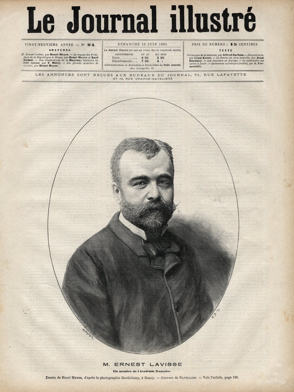 Porträt von Ernest Lavisse (1842-1922), französischer Historiker und Akademiker - Gravur von Navellier in „Le journal illustrious“ von 1892 von Edouard Felicien Eugene Navellier