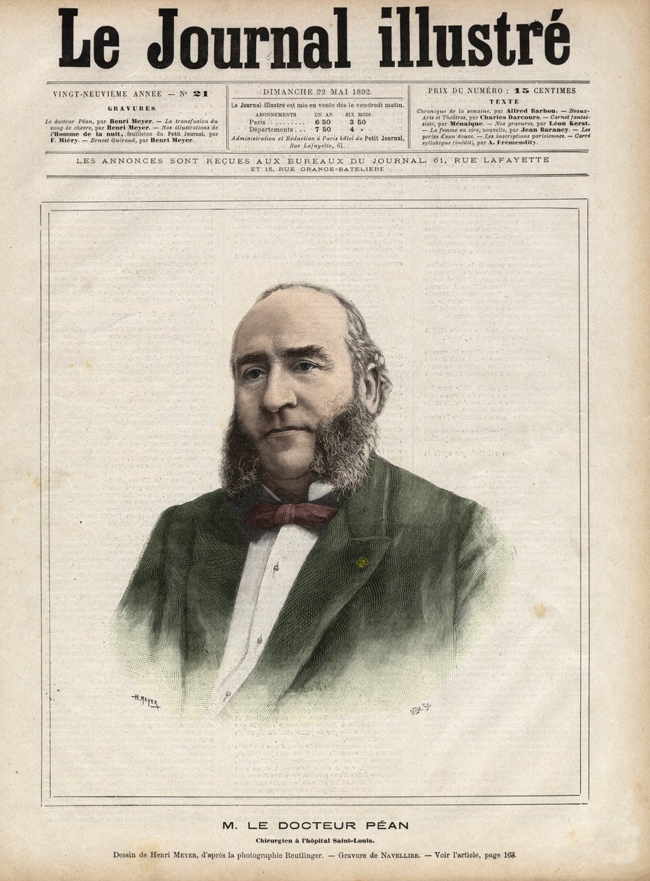 Porträt von Jules Emile (Jules-Emile) Pean (1830-1898), französischer Chirurg - Gravur von Navellier in „The Illustrous Diary“ von 1892 von Edouard Felicien Eugene Navellier