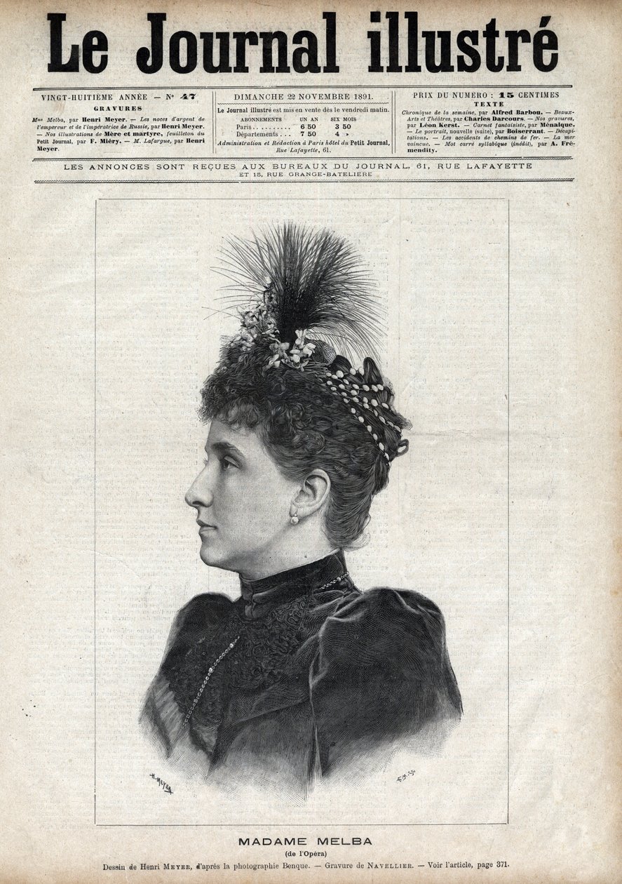 Porträt von Nellie Melba (Helen Porter Mitchell, genannt) (1861-1931), australische Sopranistin - Gravur von Navellier in „The Illustrous Journal“ von 1891 von Edouard Felicien Eugene Navellier