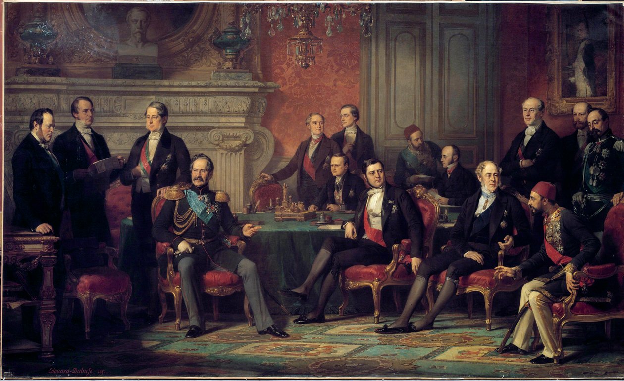 Der Pariser Kongress vom 25. Februar bis 30. März 1856 traf sich am Ende des Krimkrieges, von Napoleon III. mit den Außenministern der europäischen Staaten. von Edouard Louis Dubufe