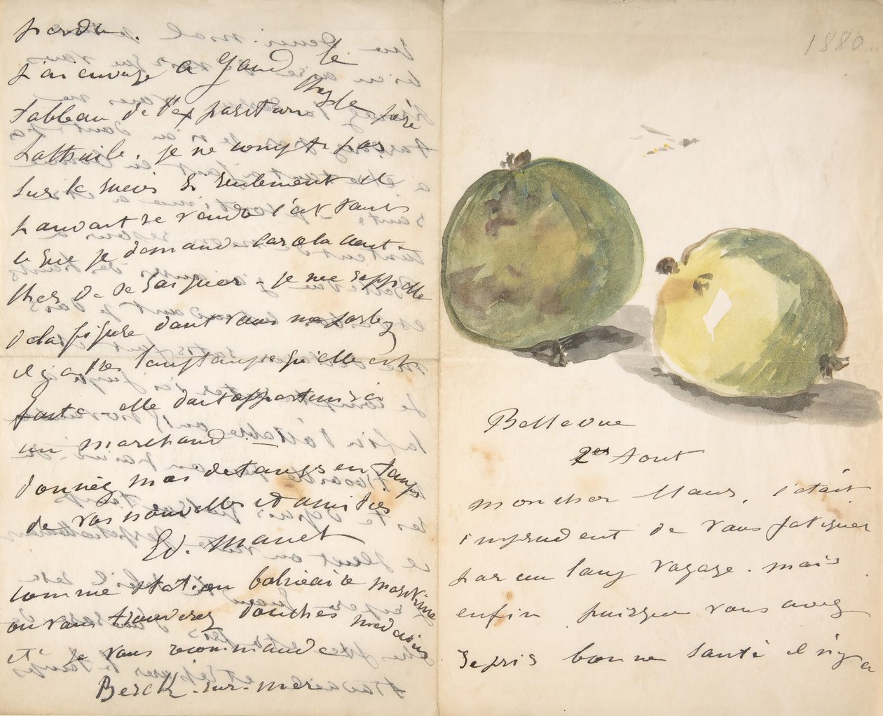Ein Brief an Eugène Maus, verziert mit zwei Äpfeln, 2. August 1880 von Édouard Manet