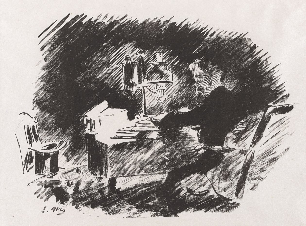 Unter der Lampe, aus Stéphane Mallarmés Übersetzung von Edgar Allan Poes „Der Rabe“ von Édouard Manet