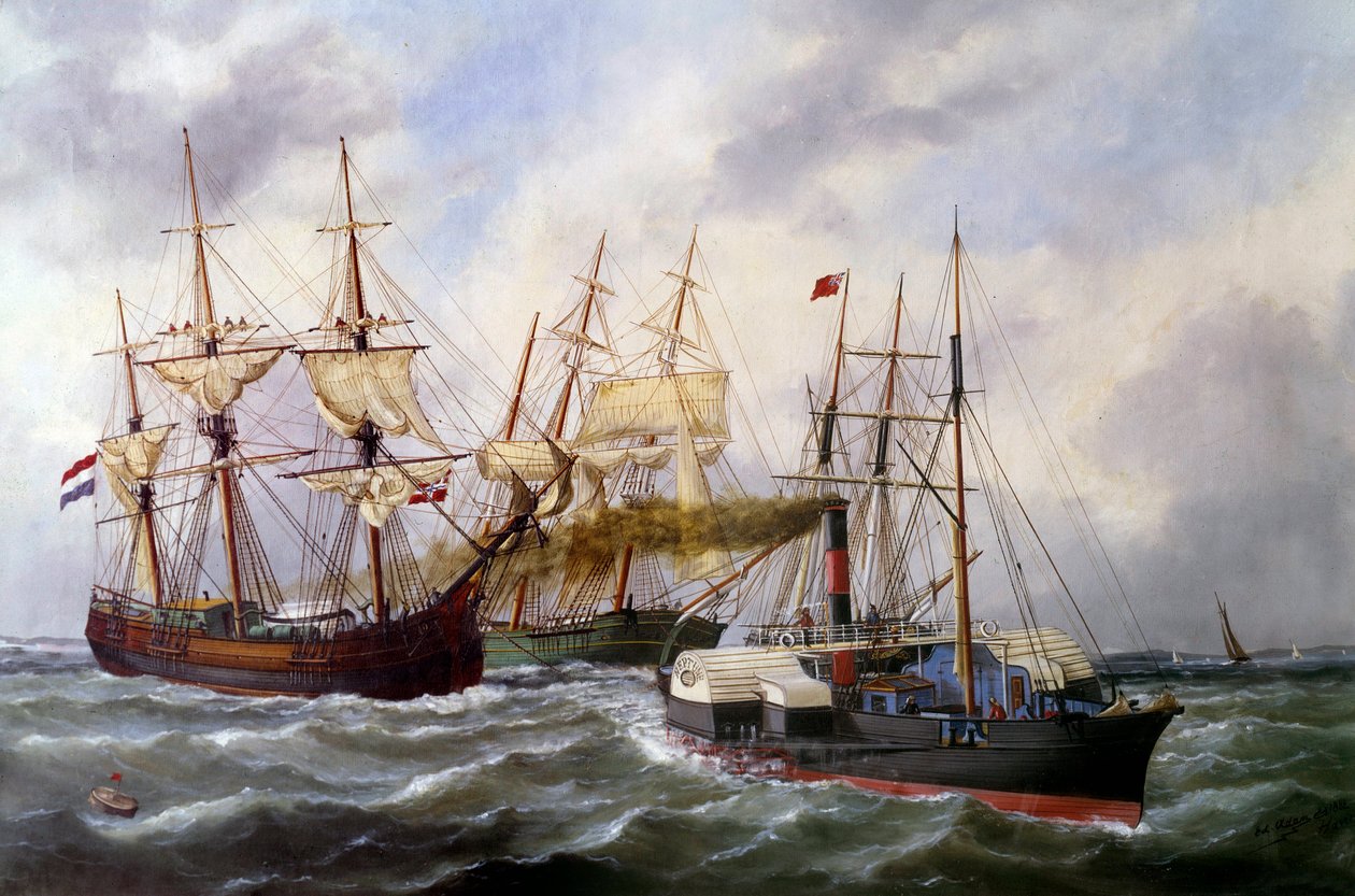 Zwei Dreimaster von Le Neptune in Le Havre im Jahr 1882 von Edouard Marie Adam