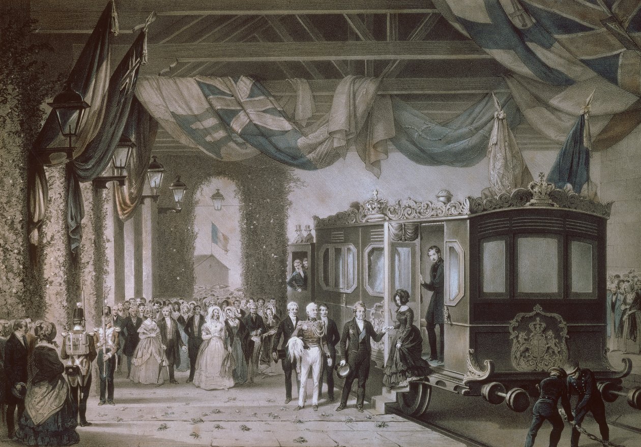 Königin Victoria (1819-1901) und Prinz Albert (1819-61) Ankunft am Bahnhof Gosport, Hampshire, graviert von Bayot & Cuvilier, 1846 von Edouard Pingret
