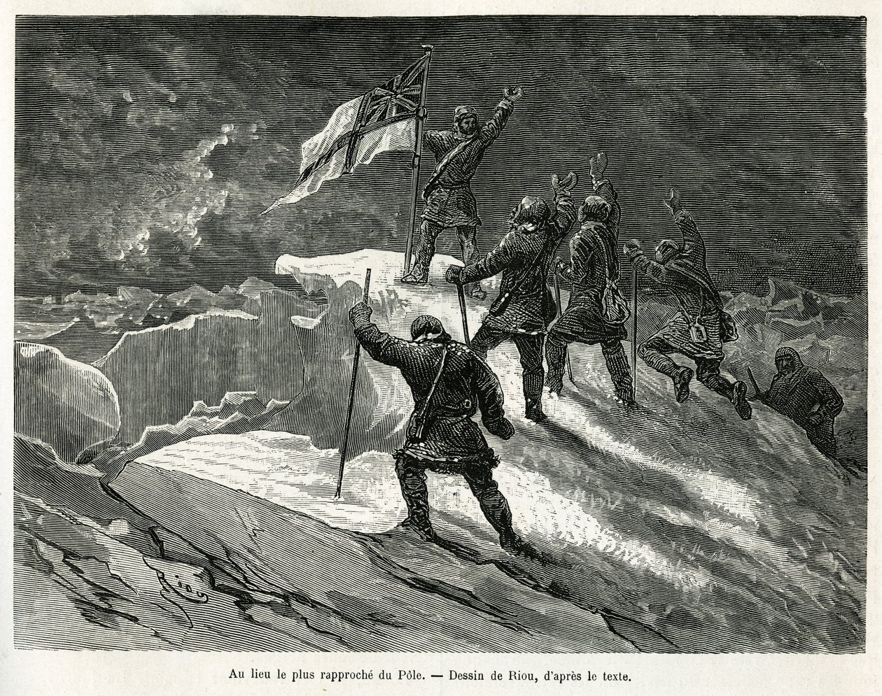 Kapitän George Strong Nares (1831-1915) pflanzte die britische Flagge an der dem Pol am nächsten gelegenen Stelle, Zeichnung von Riou, um die Geschichte einer Reise zum Polarmeer in 1875-1876 von Kapitän G. S. Nares zu illustrieren. Gravur in Le tour du mo von Edouard Riou