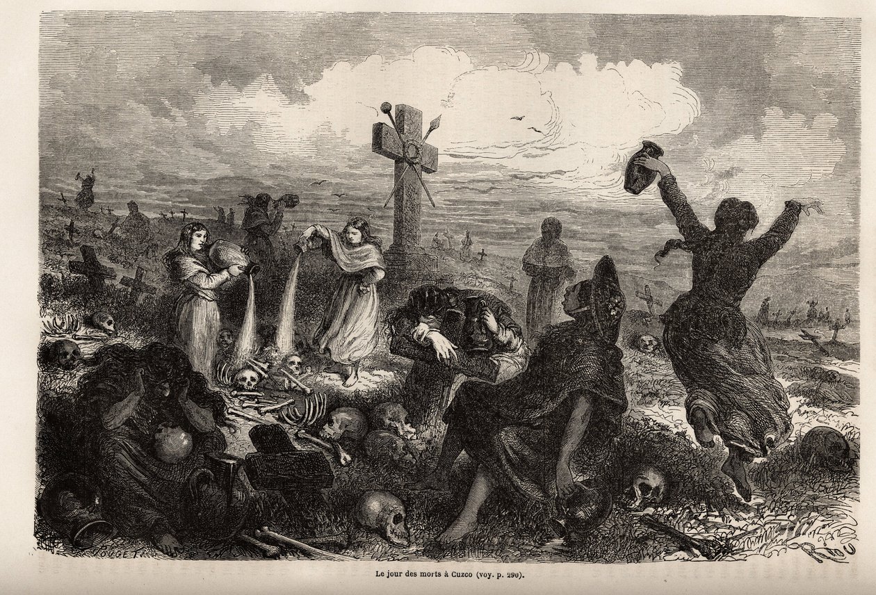 Feier des Festes der Toten in Cuzco, Zeichnung von Riou, zur Illustration der Reise von Paul Marcoy durch Südamerika von 1848 bis 1860. Gravur in „Le tour du monde“, herausgegeben von Edouard Charton von Edouard Riou