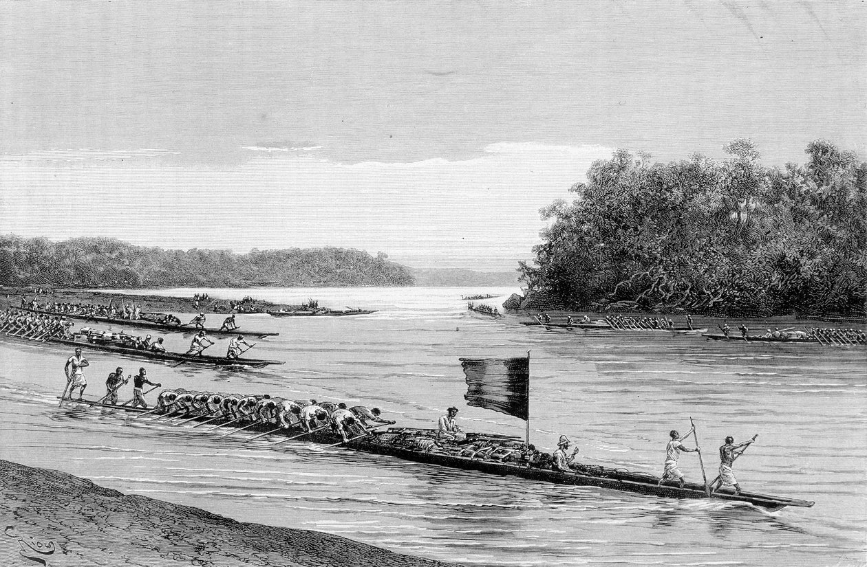 Abreise aus dem Dorf Lambarene in Afrika. In „Reise in Westafrika“ von Brazza von Edouard Riou