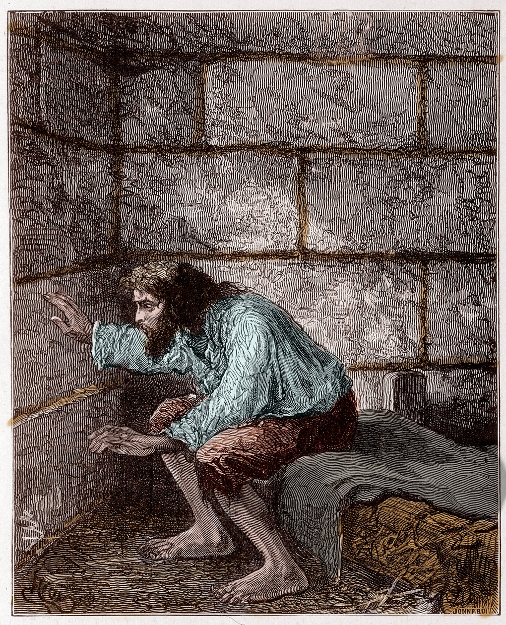 Edmond Dantes, alias der Graf von Monte Cristo in seinem Gefängnis - Gravur von Riou in "Der Graf von Monte-Cristo" von Alexandre Dumas von Edouard Riou