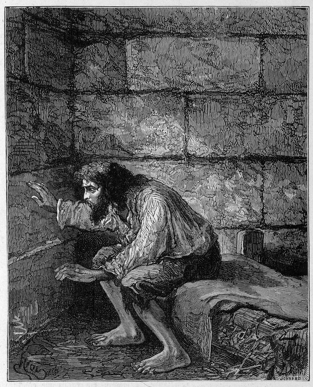 Edmond Dantès, der Graf von Monte Cristo in seinem Gefängnis - Gravur von Riou, in „Der Graf von Monte-Cristo“ von Alexandre Dumas, Rouff & Cie von Edouard Riou