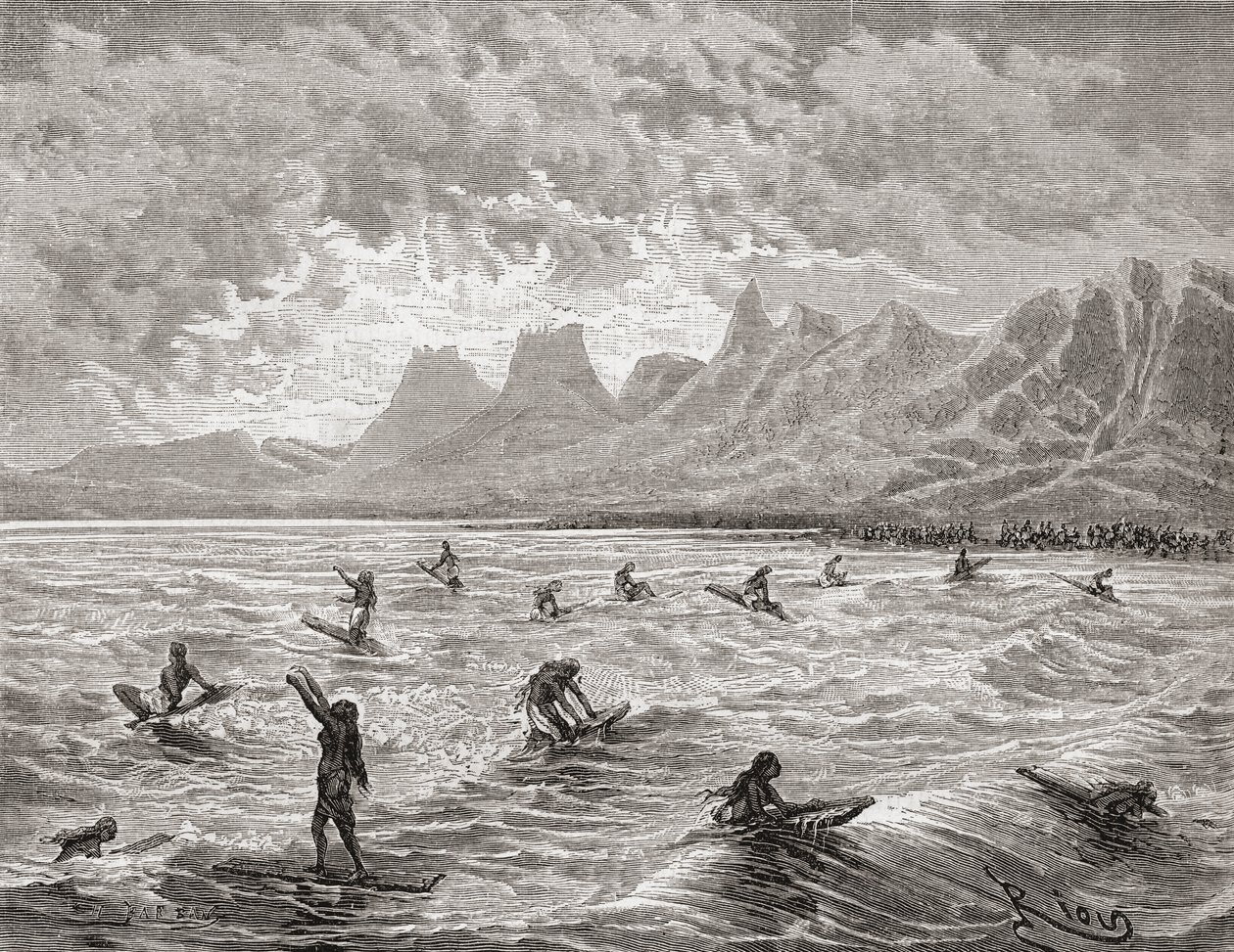 Hawaiianer beim Surfen, Illustration aus 