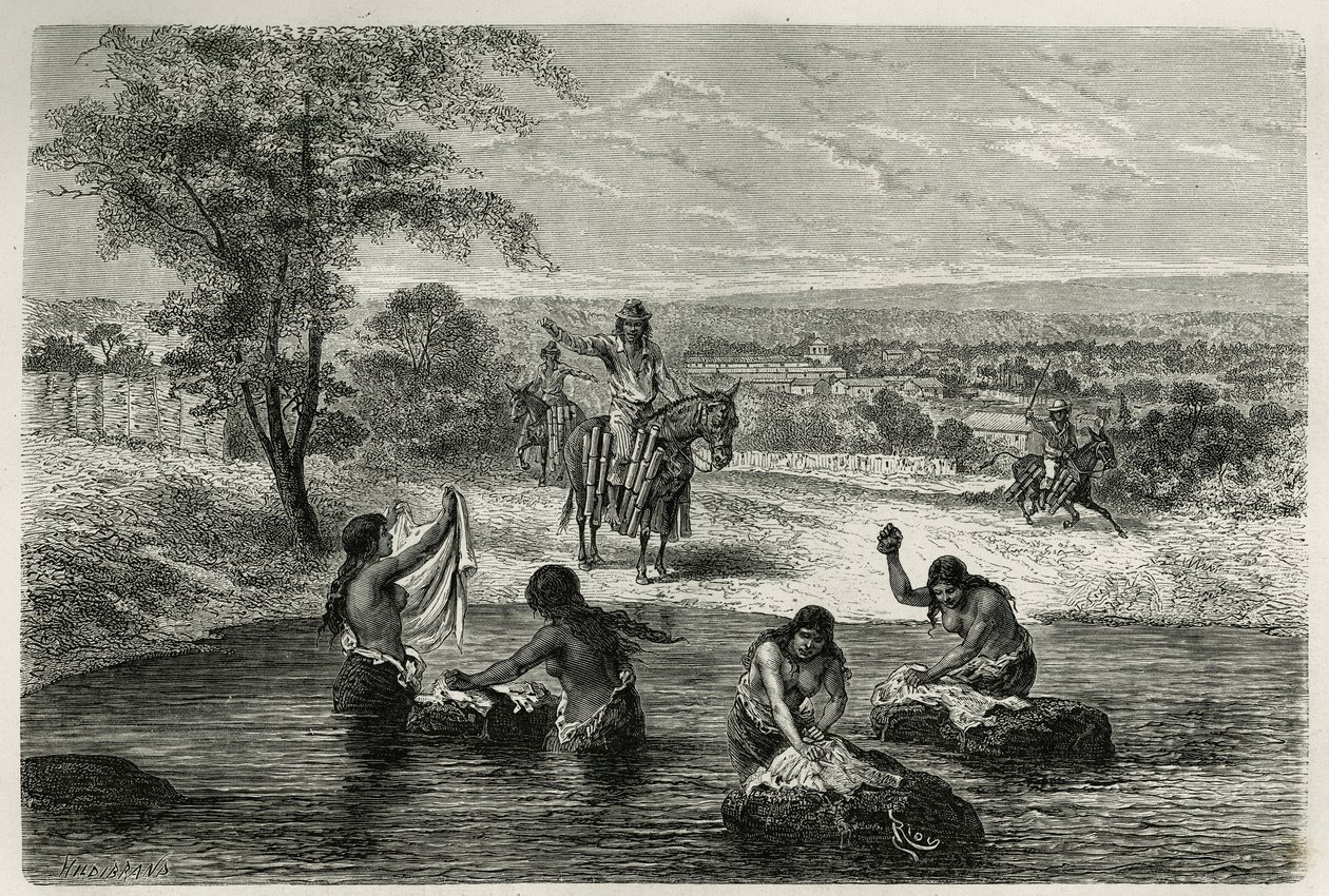 Die Wasserträger und Wäscherinnen von Cartago (Kolumbien), Gravur von Riou, zur Illustration der Geschichte von Amerika Equinoxiale von E. Andre, einer Mission im Auftrag der französischen Regierung, veröffentlicht in Le tour du monde, unter der Leitung vo von Edouard Riou