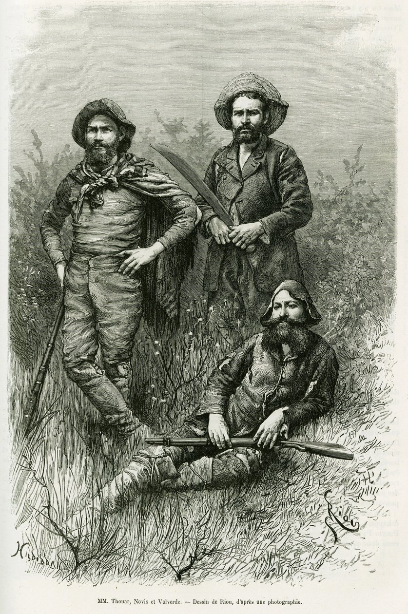 Mitglieder der Expedition: Herr Thouar, Herr Novis und Herr Valverde. Gravur von Riou, zur Illustration der Geschichte 