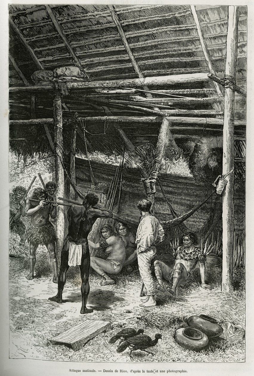 Morgendlicher Angriff auf die Hütte des Entdeckers durch Indianer von den Ufern des Amazonas. Gravur von Riou, zur Illustration der Geschichte von Cayenne zu den Anden von Jules Crevaux, Arzt der französischen Marine, 1878-1879, veröffentlicht in Le tour d von Edouard Riou