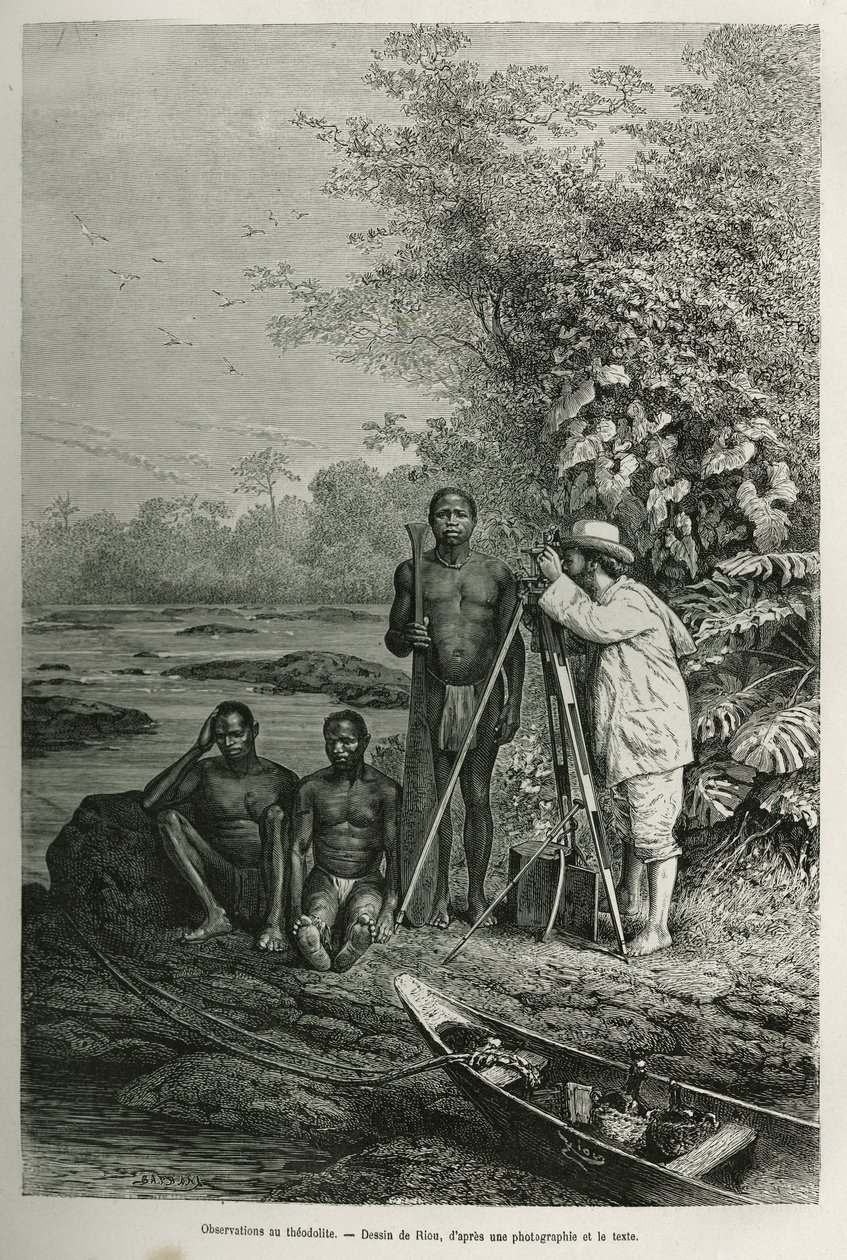 Beobachtung am Theodolit, Dr. Crevaux mit seinen Messinstrumenten und seinem Team von Führern und Trägern, bei voller Arbeitssitzung, Gravur nach einer Zeichnung von Riou, um die Geschichte De Cayenne aux Andes von Jules Crevaux, Arzt der französischen Mar von Edouard Riou