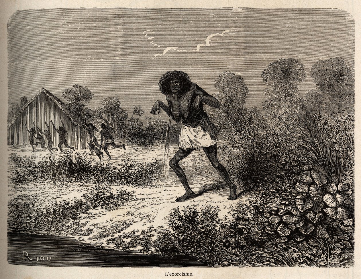 Panik unter den Conibos-Indianern, die bei der Ankunft der Expedition von Paul Marcoy in der Nähe von Tumbaya (Peru) flohen, der selbst Opfer einer bösen Beschwörung durch einen alten Indianer wurde, Zeichnung von Riou zur Illustration der Reise von 1848 b von Edouard Riou