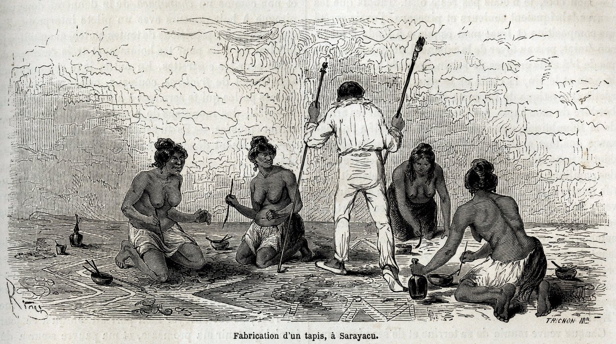 Paul Marcoy lernte, einen Teppich mit den Witwen von Sarayacu (Peru) zu machen von Edouard Riou