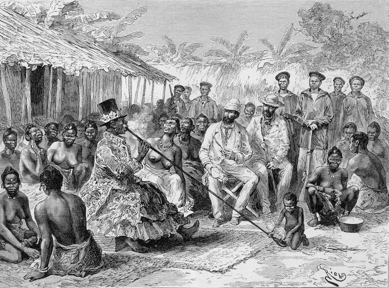 Savorgnan de Brazza palavert mit Renoké, Dorfvorsteher von Westafrika - in „Tour du Monde“, 2. Woche 1887 von Edouard Riou