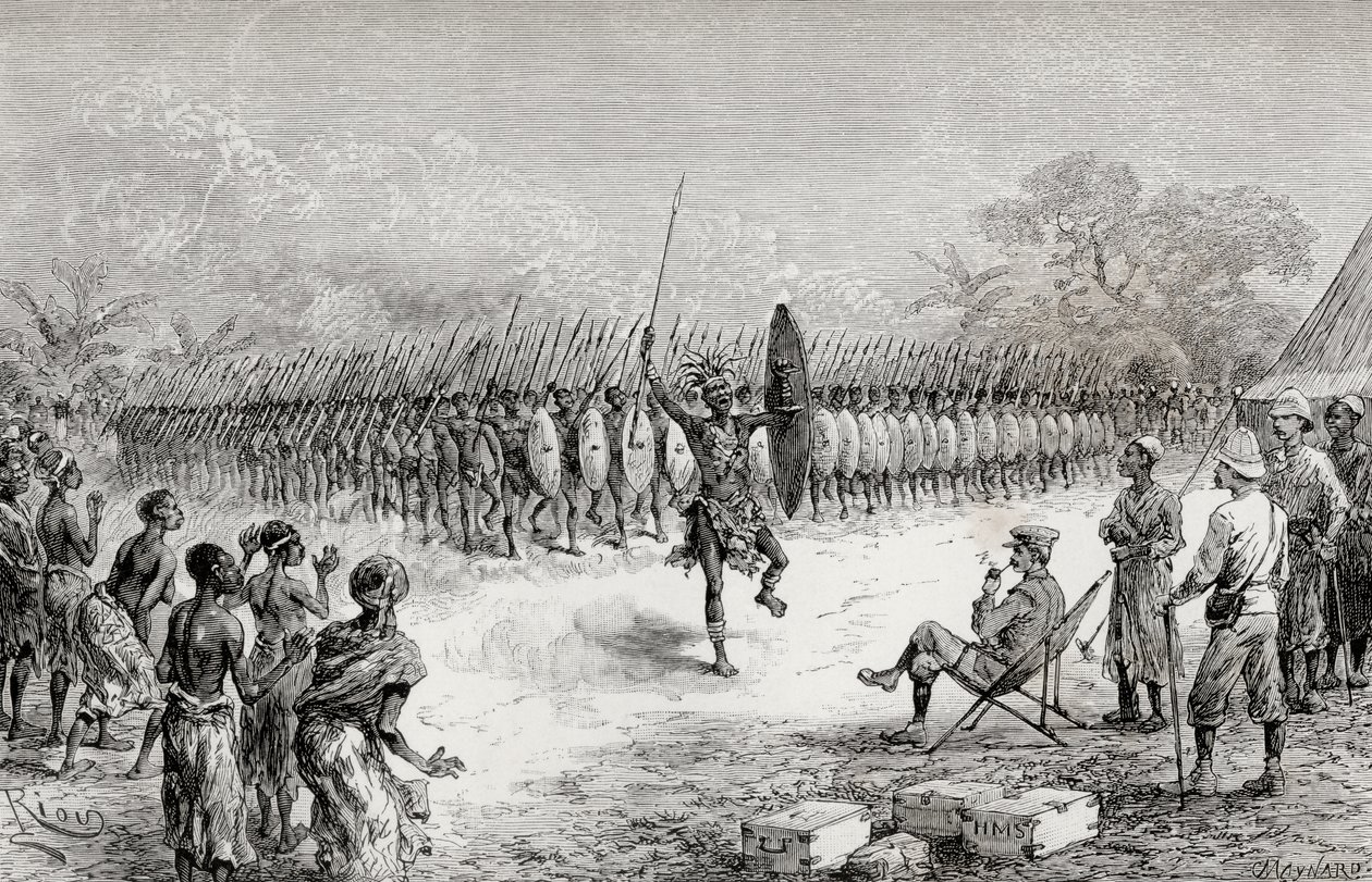 Sir Henry Morton Stanley beobachtet einen Phalanx-Tanz von Mazambonis Kriegern in Usiri, 1890 (Holzstich) von Edouard Riou