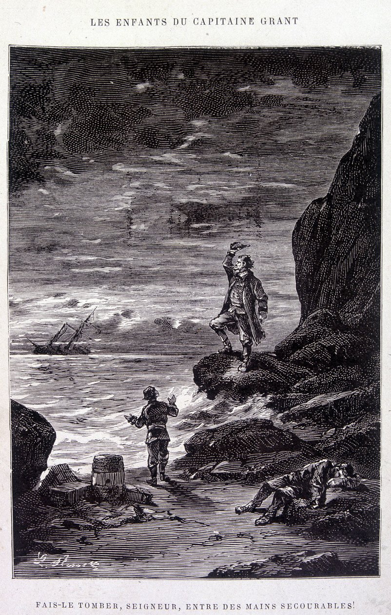 Bring ihn hinunter, Herr, in entmutigte Hände! in „Les Enfants du Capitaine Grant“ von Jules Verne von Edouard Riou