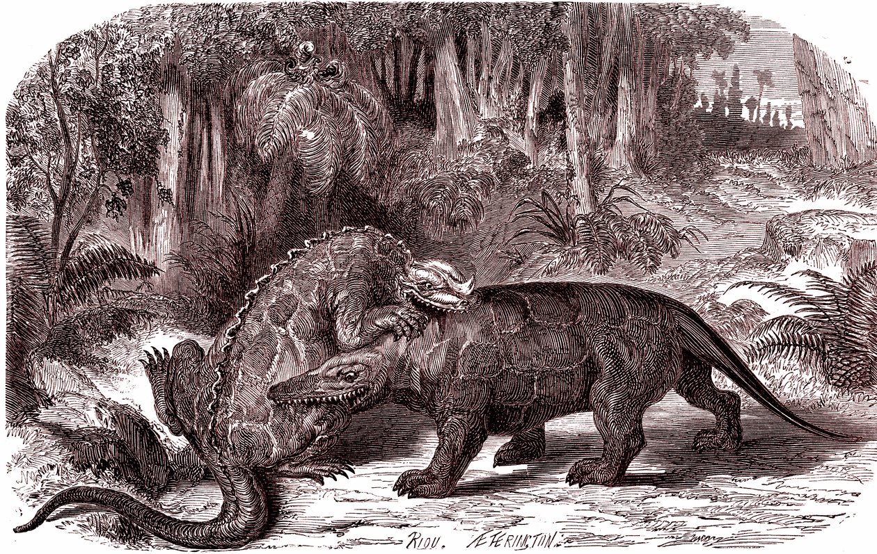 Der Iguanodon und der Megalosaurus (Gravur) von Edouard Riou