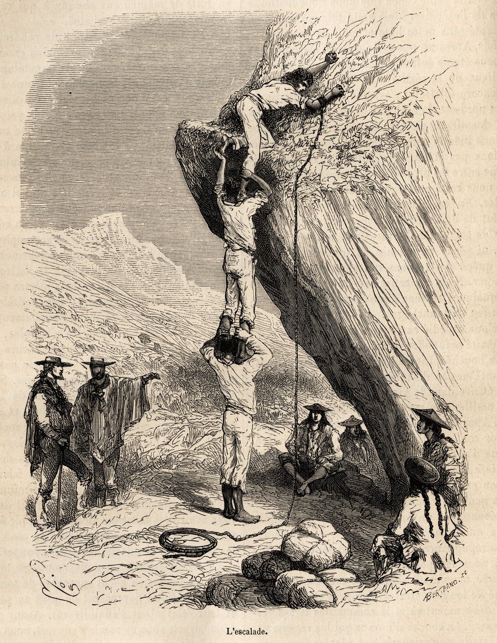 Der Aufstieg der Gipfel der Anden durch die Marcoy-Expedition erfordert die akrobatischsten Mittel: hier, um einen felsigen Gipfel zu erklimmen, klettern die Indianer auf die Schultern der anderen, um den Gipfel zu erreichen, Gravur von E. Riou zur Illustr von Edouard Riou