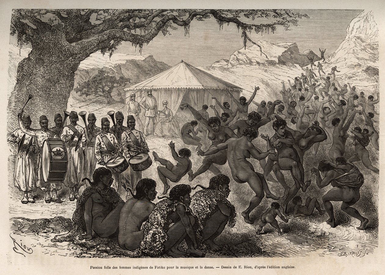 Die Band der Expedition zieht die Frauen und Kinder des Dorfes Fatiko (Zentralafrikanische Republik) an und provoziert einen leidenschaftlichen Tanzverlust, graviert nach einer Zeichnung von E. Riou zur Illustration einer Expedition in Zentralafrika, zur U von Edouard Riou