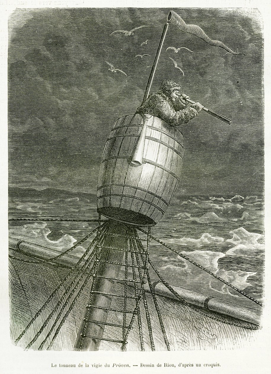 Das Fass der Wache des Bootes Proven, Zeichnung von Riou, zur Illustration der Geschichte von Professor Nils Adolf Erik (Eric) Baron Nordenskjöld (Nordenskiöld) (1832-1901): Schwedische Polarexpedition, 1875. Gravur in „Le tour du monde“ von Edouard Riou