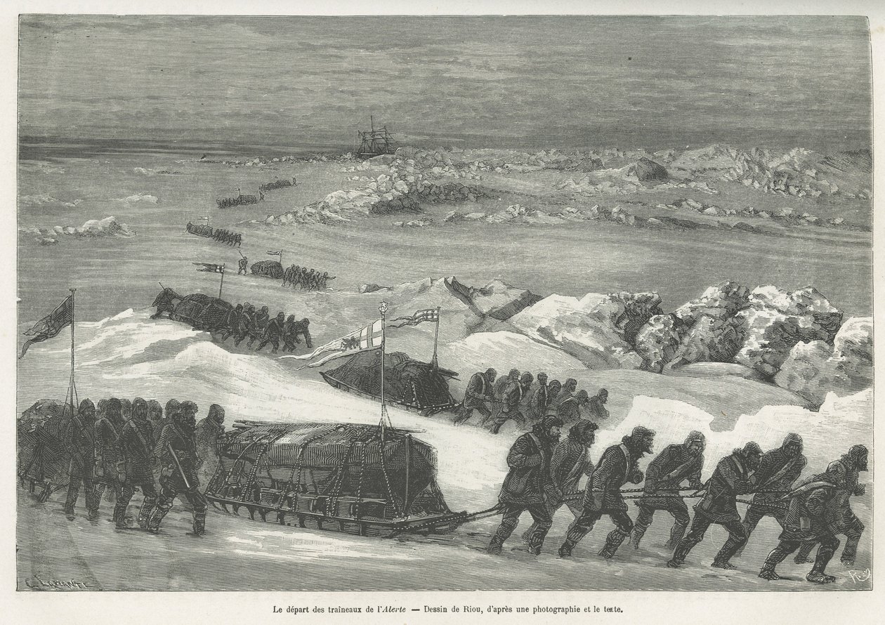 Der Aufbruch der Alert-Schlitten, Schiff der Polarexpedition, Zeichnung von Riou, um die Geschichte einer Reise zum Polarmeer in 1875-1876 zu illustrieren, von Kapitän G.S. Nares. Gravur in Le tour du monde. von Edouard Riou