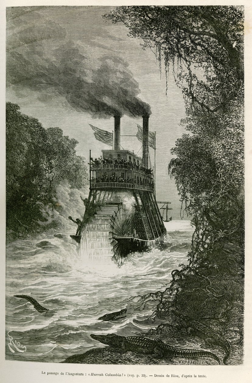 Die Passage der Angostura (Kolumbien), durch das Dampfschiff der Expedition, Zeichnung von E. Riou, zur Illustration der Reise nach Äquatorialamerika (Kolumbien, Ecuador, Peru), 1875-1876, von Edouard Andre (1833-1894), Reisender im Auftrag der Fr von Edouard Riou